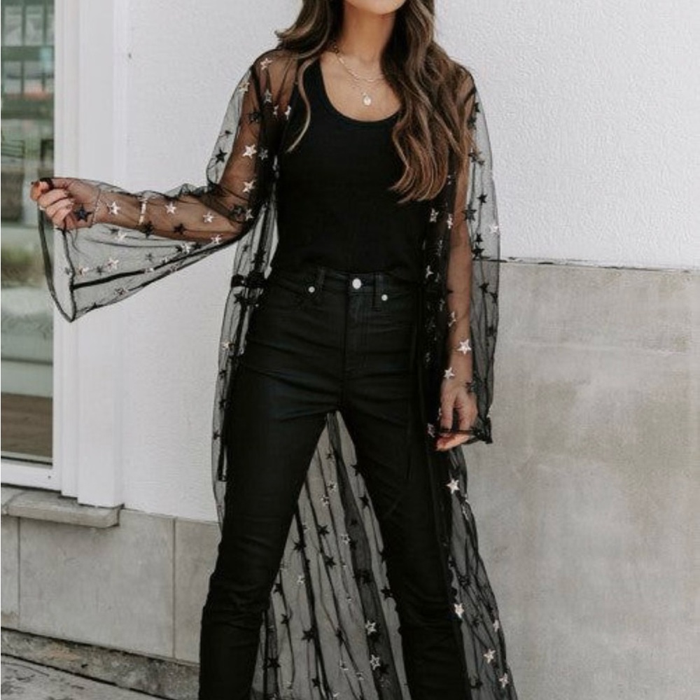 Sheer Black Star Embroidered Duster